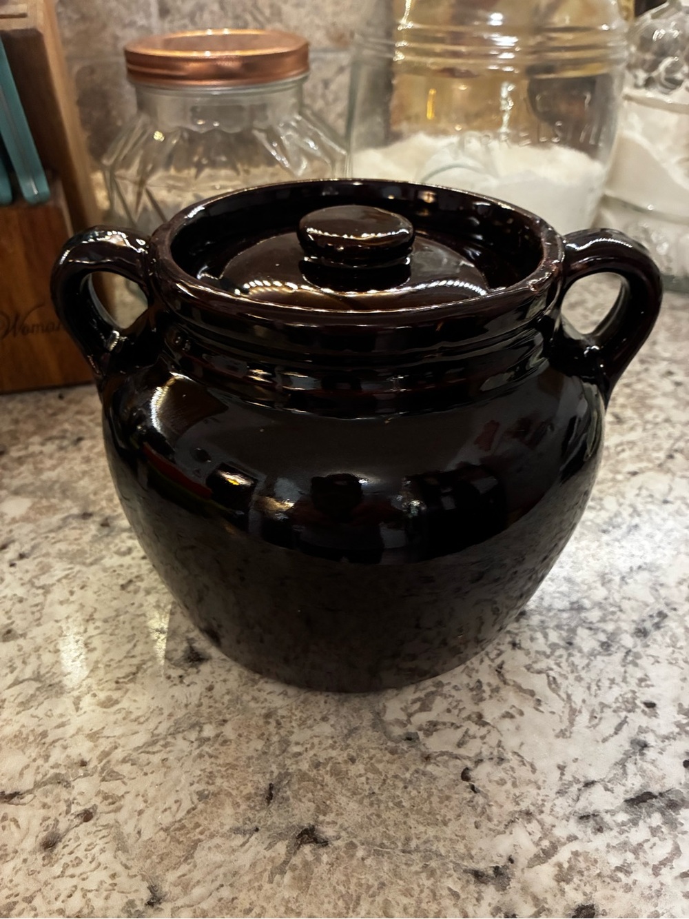 Glossy Dark Brown bean Pot with Lid and Handles